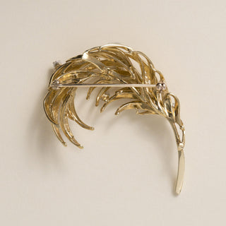 Vintage Pierre Cardin 16K Yellow Gold Diamond Feather Brooch