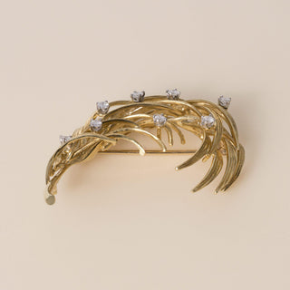 Vintage Pierre Cardin 16K Yellow Gold Diamond Feather Brooch