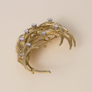 Vintage Pierre Cardin 16K Yellow Gold Diamond Feather Brooch