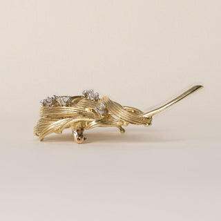 Vintage Pierre Cardin 16K Yellow Gold Diamond Feather Brooch