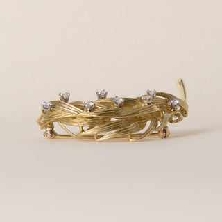 Vintage Pierre Cardin 16K Yellow Gold Diamond Feather Brooch