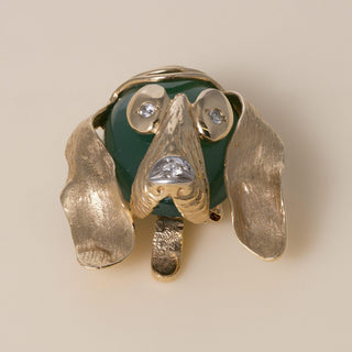 Vintage 1960s 14k Gold Hound Dog Chalcedony and Diamond Brooch Pendant