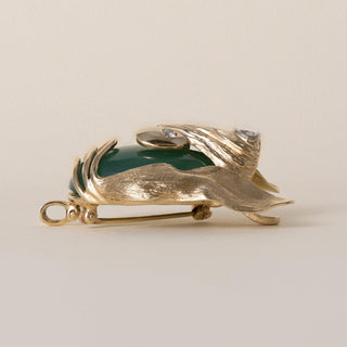 Vintage 1960s 14k Gold Hound Dog Chalcedony and Diamond Brooch Pendant