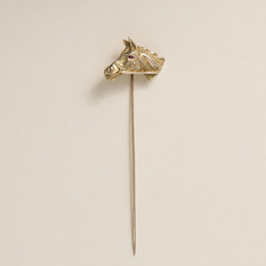 Vintage Mid-Century 14K Gold Horse Head Ruby Eye Stick Pin Brooch