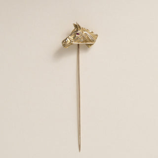 Vintage Mid-Century 14K Gold Horse Head Ruby Eye Stick Pin Brooch