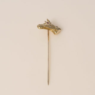 Vintage Mid-Century 14K Gold Horse Head Ruby Eye Stick Pin Brooch
