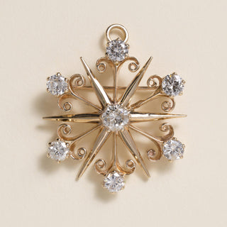 1950s Victorian Revival 13K Gold 2.25 Carats Diamond Starburst Brooch Pendant