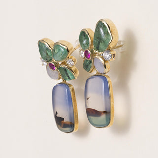 Estate 18K Yellow Gold Multi Gemstone Artisan Carved Agate Earrings