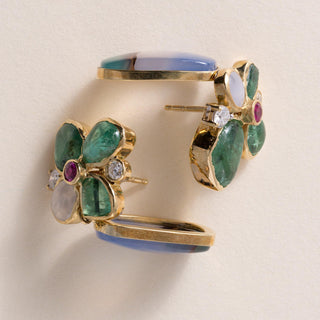 Estate 18K Yellow Gold Multi Gemstone Artisan Carved Agate Earrings