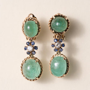 Vintage Emerald Cabochon and Diamond Dangle 14K Gold Earrings