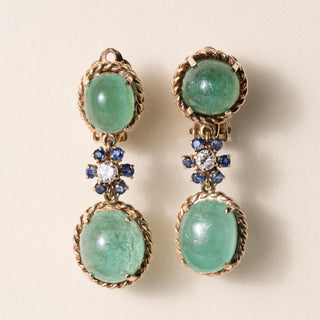 Vintage Emerald Cabochon and Diamond Dangle 14K Gold Earrings