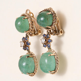Vintage Emerald Cabochon and Diamond Dangle 14K Gold Earrings
