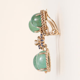 Vintage Emerald Cabochon and Diamond Dangle 14K Gold Earrings