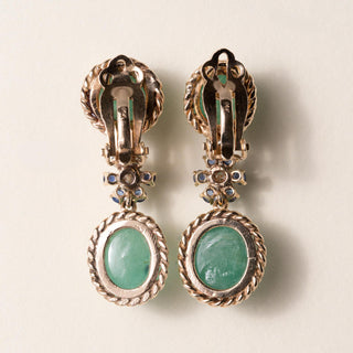 Vintage Emerald Cabochon and Diamond Dangle 14K Gold Earrings