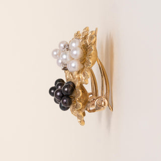 Vintage 14K Gold Black, White Pearl and Diamond Floral French Clip Earrings
