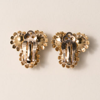 Vintage 14K Gold Black, White Pearl and Diamond Floral French Clip Earrings