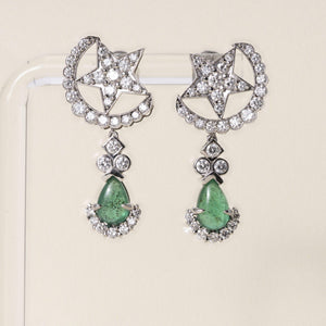 Vintage Platinum Emerald Cabochon and Diamond Star Earrings