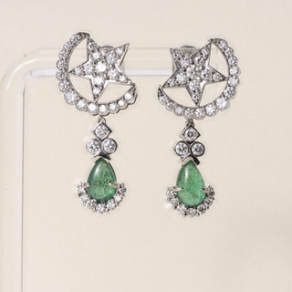 Vintage Platinum Emerald Cabochon and Diamond Star Earrings