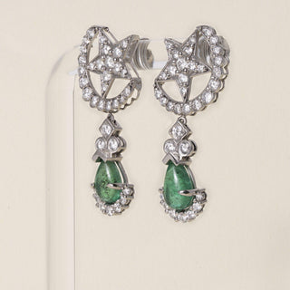 Vintage Platinum Emerald Cabochon and Diamond Star Earrings