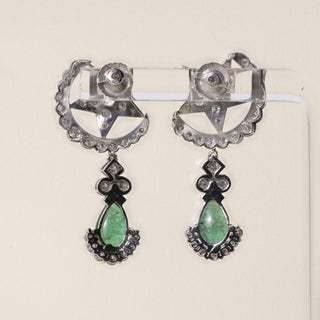 Vintage Platinum Emerald Cabochon and Diamond Star Earrings