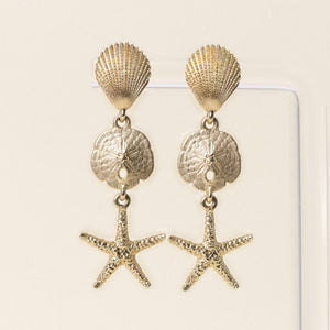 Vintage 14K Yellow Gold Seashell and Starfish Dangle Earrings