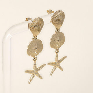 Vintage 14K Yellow Gold Seashell and Starfish Dangle Earrings