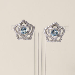 Estate Platinum 1.44ct Blue Topaz & Diamond Flower Clip-On Earrings
