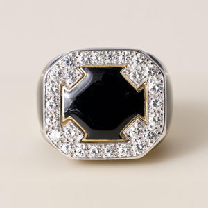 Vintage 18K David Webb 0.90 CT Diamond Onyx and Black Enamel Ring