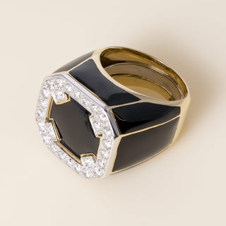 Vintage 18K David Webb 0.90 CT Diamond Onyx and Black Enamel Ring