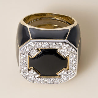 Vintage 18K David Webb 0.90 CT Diamond Onyx and Black Enamel Ring