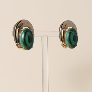 Vintage 1960s 13K Gold Malachite Oval Cabochon Clip On Lever Back Earrings
