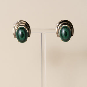 Vintage 1960s 13K Gold Malachite Oval Cabochon Clip On Lever Back Earrings