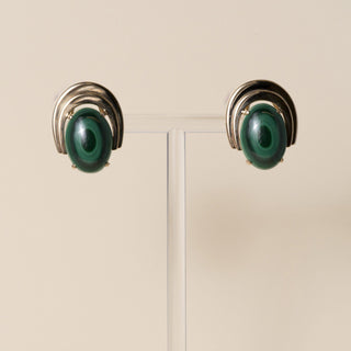 Vintage 1960s 13K Gold Malachite Oval Cabochon Clip On Lever Back Earrings