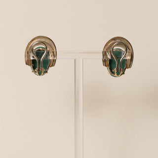 Vintage 1960s 13K Gold Malachite Oval Cabochon Clip On Lever Back Earrings