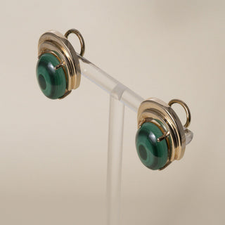 Vintage 1960s 13K Gold Malachite Oval Cabochon Clip On Lever Back Earrings
