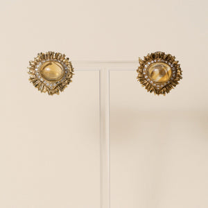 Vintage 18K/14K Gold 10 Carats Citrine Cabochon and Diamond Sunburst Earrings