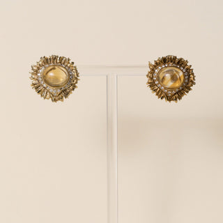 Vintage 18K/14K Gold 10 Carats Citrine Cabochon and Diamond Sunburst Earrings