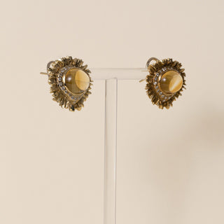 Vintage 18K/14K Gold 10 Carats Citrine Cabochon and Diamond Sunburst Earrings