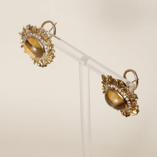 Vintage 18K/14K Gold 10 Carats Citrine Cabochon and Diamond Sunburst Earrings