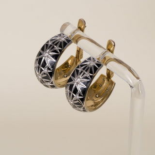 Vintage 14K Gold Starburst Black Enamel and Diamond Hoop Huggies Earrings