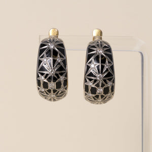 Vintage 14K Gold Starburst Black Enamel and Diamond Hoop Huggies Earrings