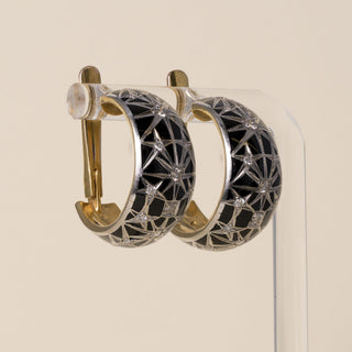 Vintage 14K Gold Starburst Black Enamel and Diamond Hoop Huggies Earrings