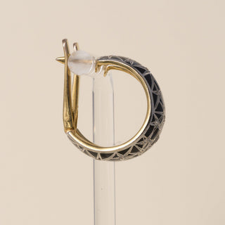 Vintage 14K Gold Starburst Black Enamel and Diamond Hoop Huggies Earrings