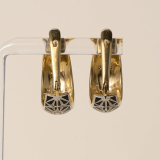 Vintage 14K Gold Starburst Black Enamel and Diamond Hoop Huggies Earrings