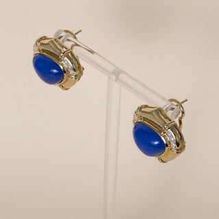 Vintage 18K Gold Lapis Lazuli Cabochon & Diamonds French Clip Stud Earrings