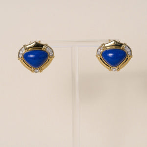 Vintage 18K Gold Lapis Lazuli Cabochon & Diamonds French Clip Stud Earrings