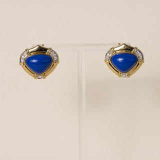 Vintage 18K Gold Lapis Lazuli Cabochon & Diamonds French Clip Stud Earrings