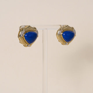 Vintage 18K Gold Lapis Lazuli Cabochon & Diamonds French Clip Stud Earrings