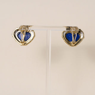 Vintage 18K Gold Lapis Lazuli Cabochon & Diamonds French Clip Stud Earrings