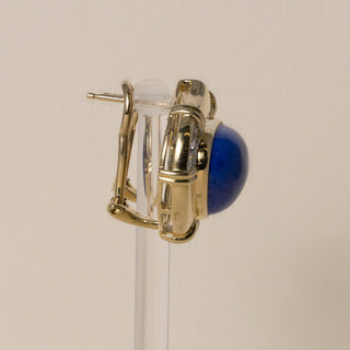 Vintage 18K Gold Lapis Lazuli Cabochon & Diamonds French Clip Stud Earrings